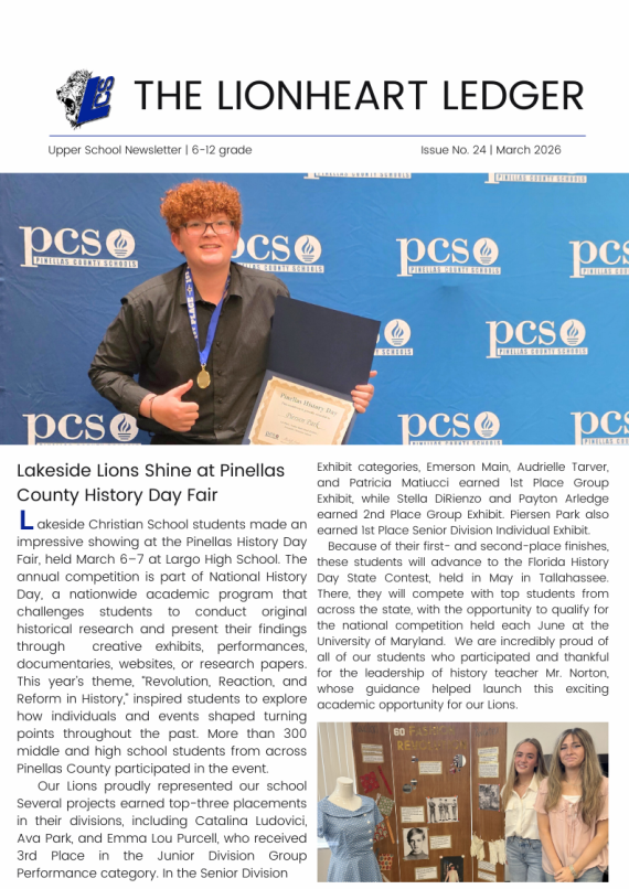 page 1 of the March 2026 edition of the Lakeside Christian School newsletter for middle and high school