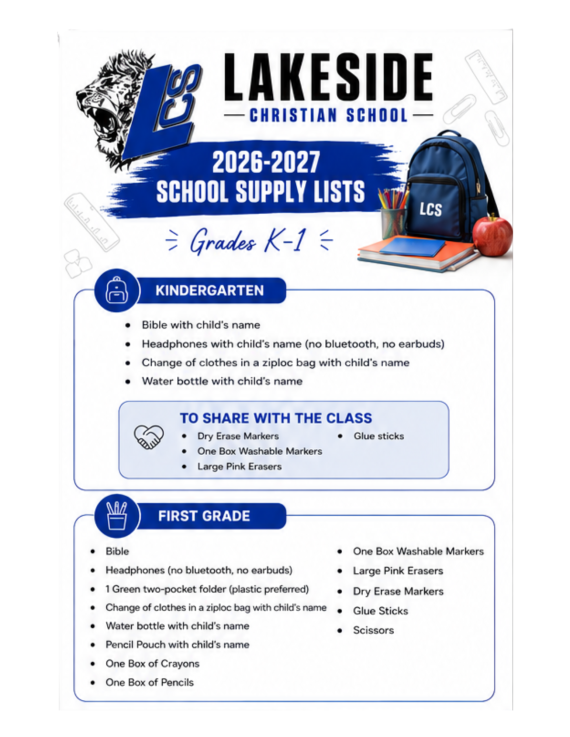 kindergarten and first grade school supply list for Lakeside Christian School 2026-2027