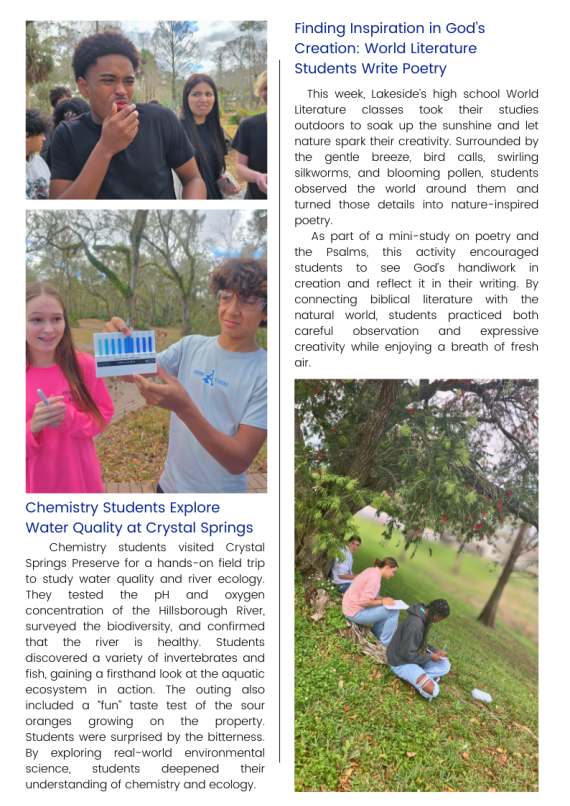 page 3 of the March 2026 edition of the Lakeside Christian School newsletter for middle and high school