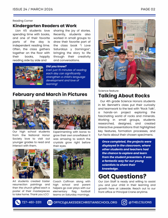 Page 2 of the elementary school newsletter for Lakeside Christian School in Clearwater