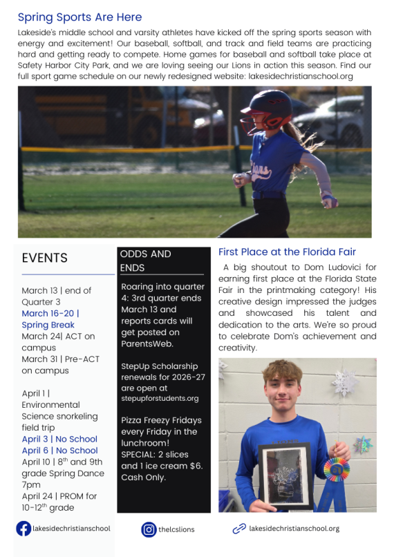 page 4 of the March edition of the Lakeside Christian School newsletter for middle and high school