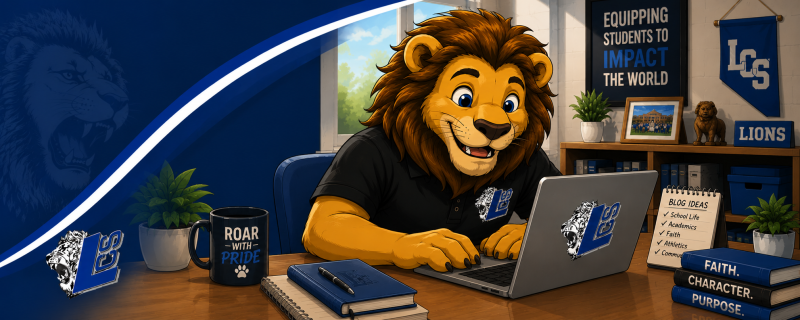 Illustrated Lakeside Christian School lion mascot writing at a desk in a school office while creating a blog post. The banner represents the school’s blog featuring articles about Christian education, academics, student life, school news, parenting resour