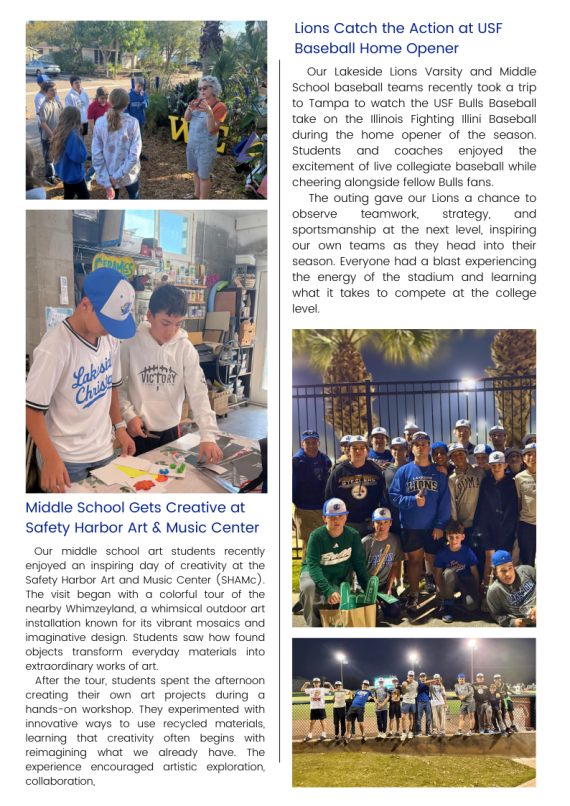 page 2 of the March 2026 edition of the middle and high school newsletter for Lakeside Christian School