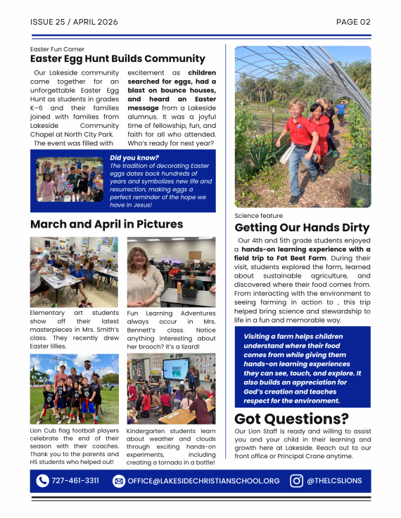 Cubs Chronicle April 2026 elementary school newsletter page 2 for Lakeside Christian School