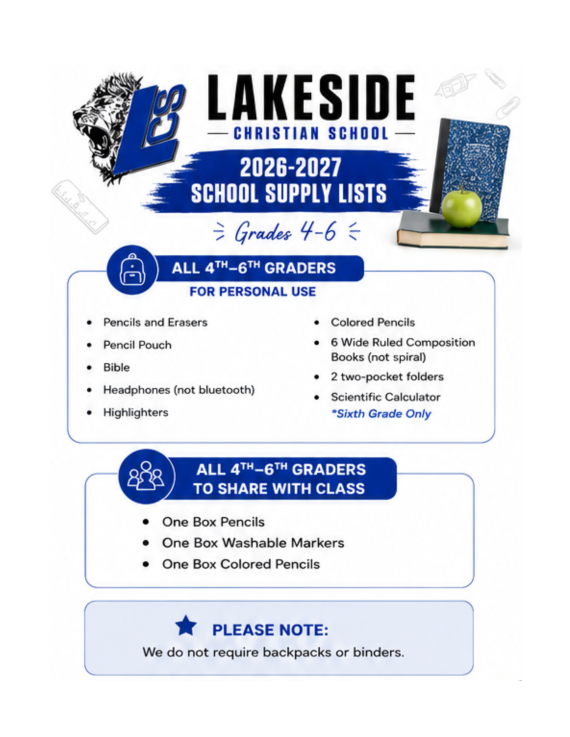4th-6th grade school supply list for Lakeside Christian School 2026-2027