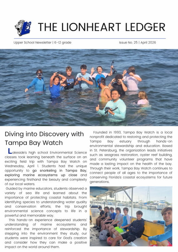 front page of the Lakeside Christian School April 2026 upper school newsletter