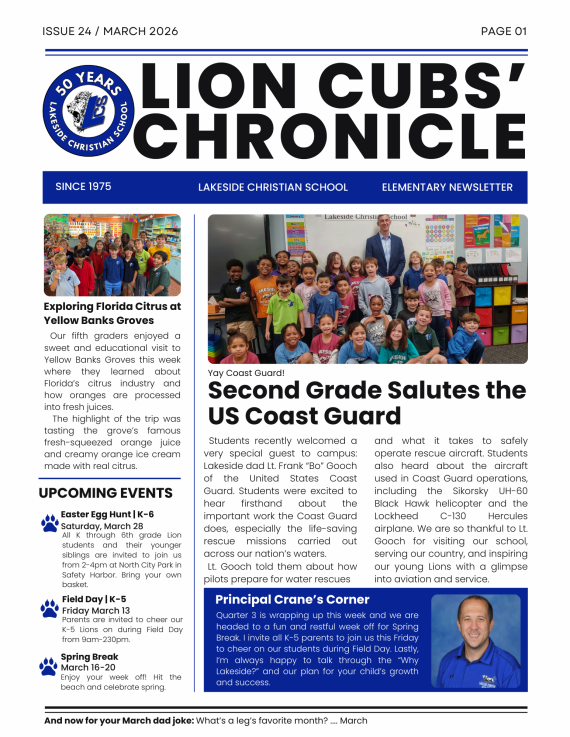 the first page of the elementary school newsletter for Lakeside Christian School in Clearwater