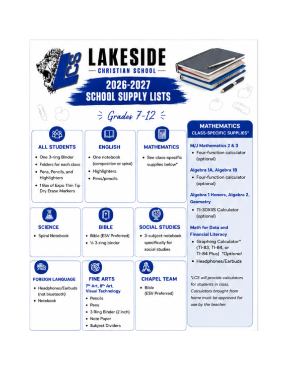 ki7-12 grade school supply list for Lakeside Christian School 2026-2027