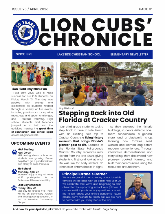 page 1 of the Lakeside Christian School elementary newsletter