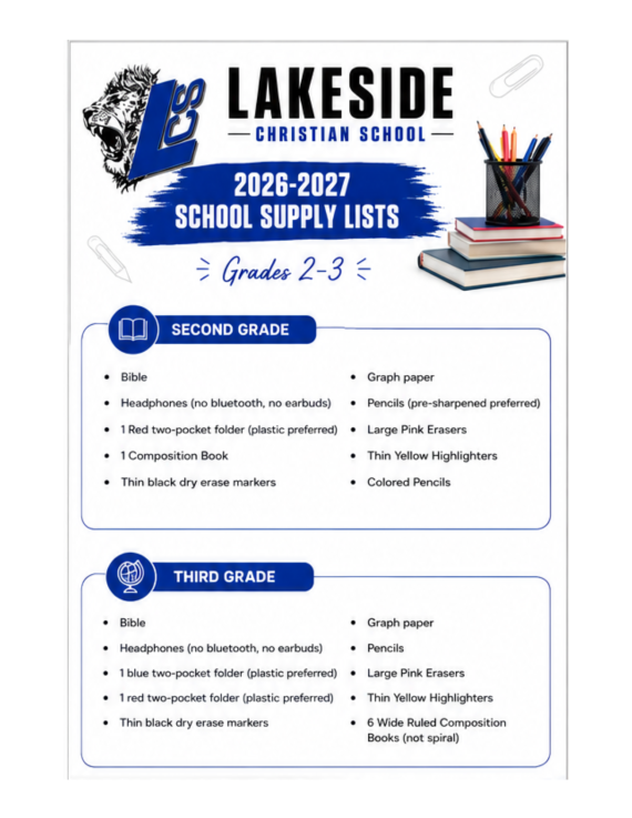 2-3 grade school supply list for Lakeside Christian School 2026-2027