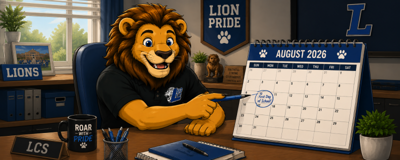 Illustrated lion mascot pointing to the Lakeside Christian School August 2026 calendar with the first day of school on Monday, August 10 highlighted. The school office background represents the online calendar where families can find important dates, holi