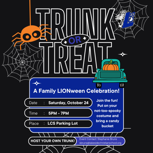Trunk or Treat at Lakeside Christian School, October 24, 2026, from 5–7 p.m. in the school parking lot.
