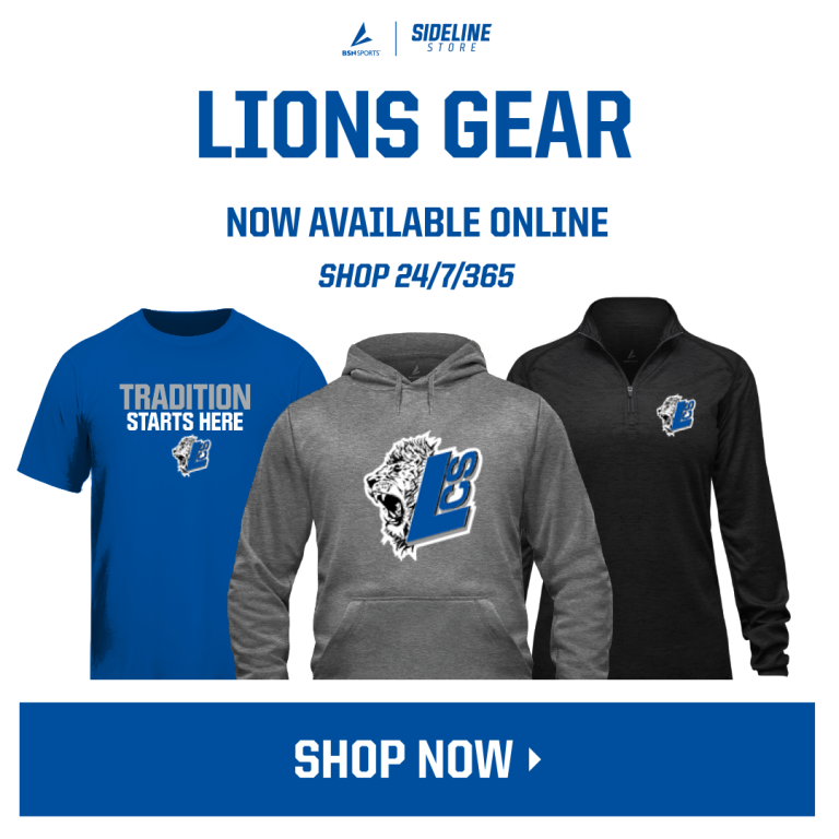 picture of Lakeside Lions t shirts and hoodies from the Lakeside sideline store. All three shirts have hte Lakeisde Lion logo in blue and white on the front.