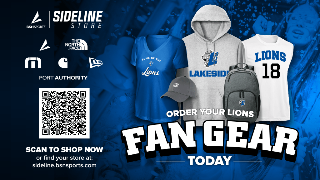 Lakeside Christian School fan gear display including t-shirts, hoodie, hat, and backpack with school logo, and a QR code to shop online at the BSN Sideline Store.